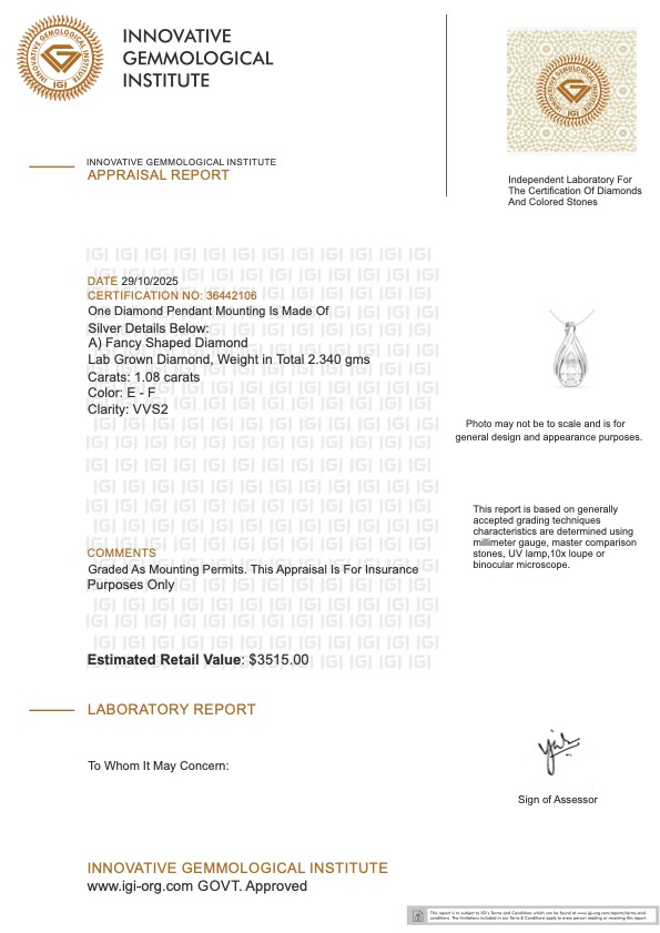 1.08 CTW Lab Grown Diamonds Pendant Mounted In Sterling Silver E-F, VVS2 | Estimated Retail Value: $3,515 (IGI) at PristineAuction.com 1.08 CTW Lab Grown Diamonds Pendant Mounted In Sterling Silver E-F, VVS2 | Estimated Retail Value: $3,515 (IGI) at PristineAuction.com