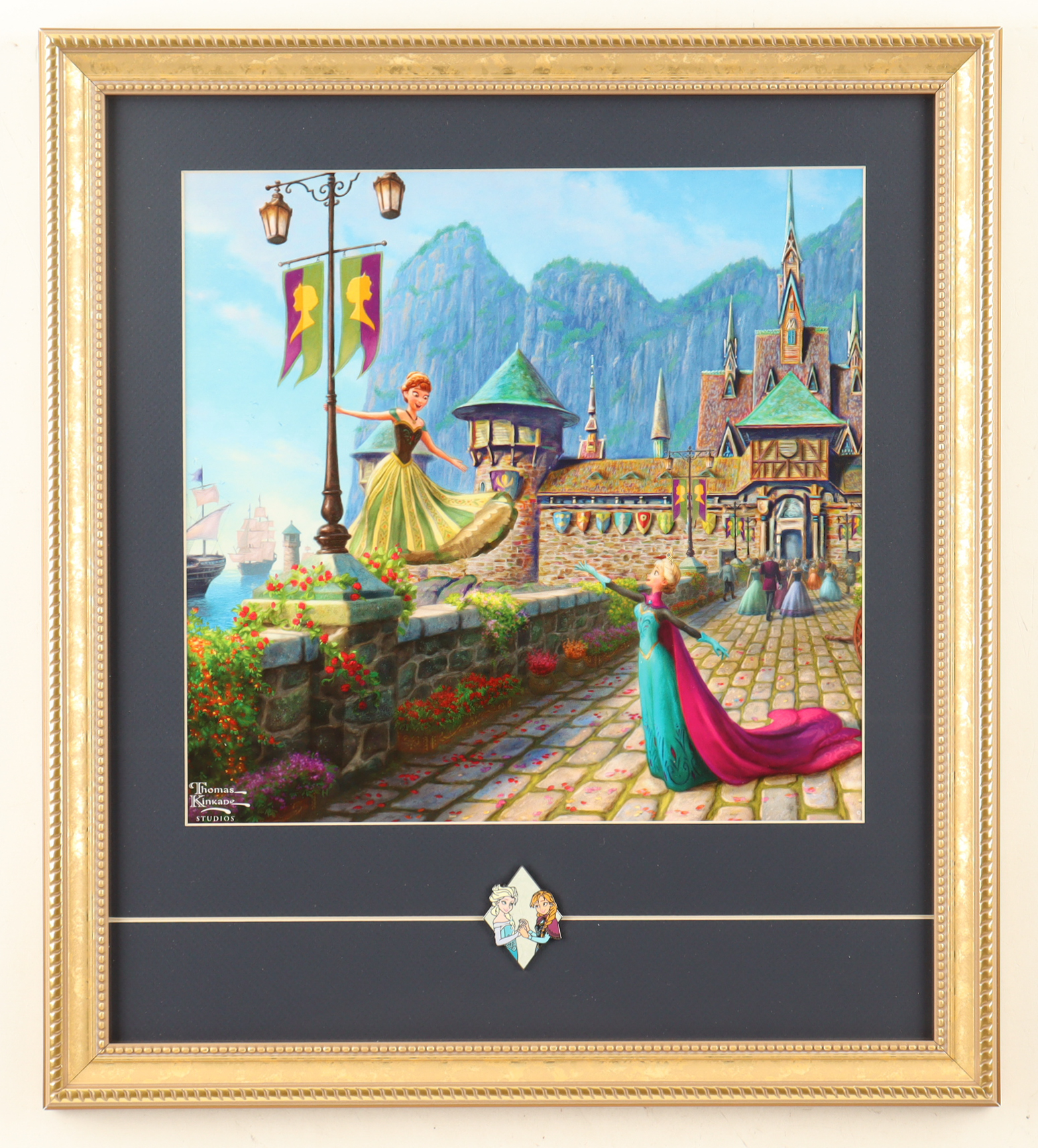 Thomas Kinkade "Frozen" Custom Framed Print Display with Dual Character Frozen Pin at PristineAuction.com Thomas Kinkade "Frozen" Custom Framed Print Display with Dual Character Frozen Pin at PristineAuction.com