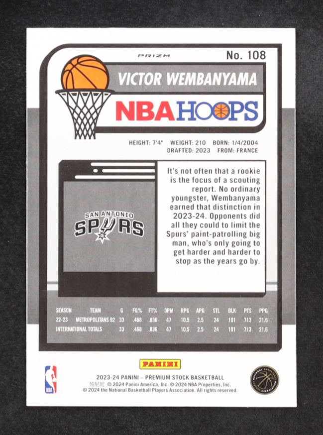 Victor Wembanyama 2023-24 Hoops Premium Stock Ice Prizm #108 RC at PristineAuction.com Victor Wembanyama 2023-24 Hoops Premium Stock Ice Prizm #108 RC at PristineAuction.com