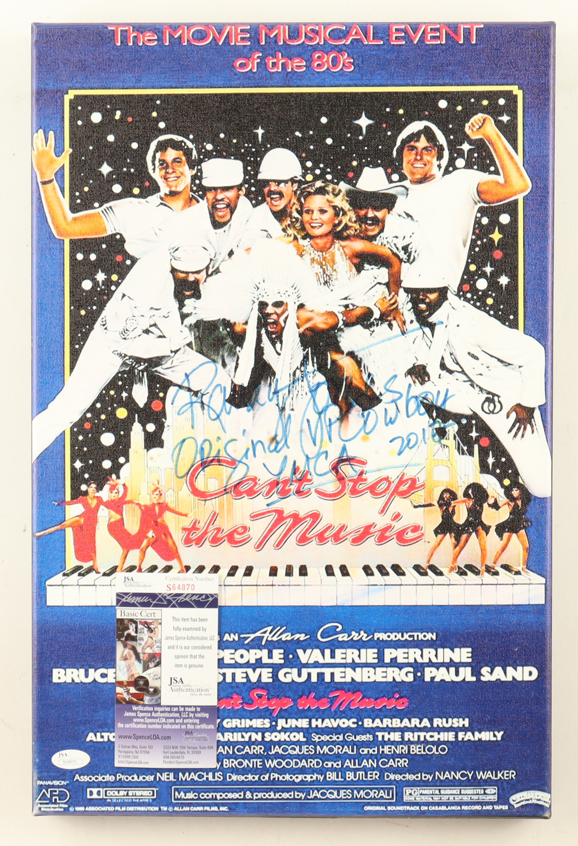 Randy Jones Signed "Can't Stop the Music" Custom Framed Serigraph on Canvas Display with Multiple Inscriptions (JSA) at PristineAuction.com Randy Jones Signed "Can't Stop the Music" Custom Framed Serigraph on Canvas Display with Multiple Inscriptions (JSA) at PristineAuction.com