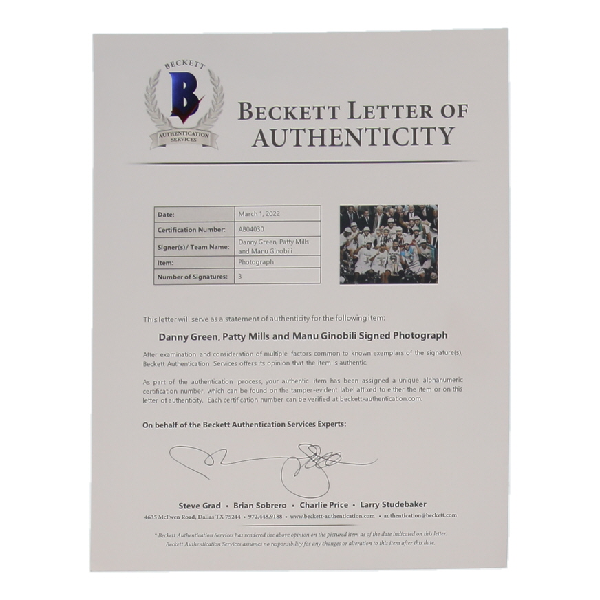 Danny Green, Patty Mills, & Manu Ginobili Signed Spurs 8x10 Photo (Beckett) at PristineAuction.com Danny Green, Patty Mills, & Manu Ginobili Signed Spurs 8x10 Photo (Beckett) at PristineAuction.com