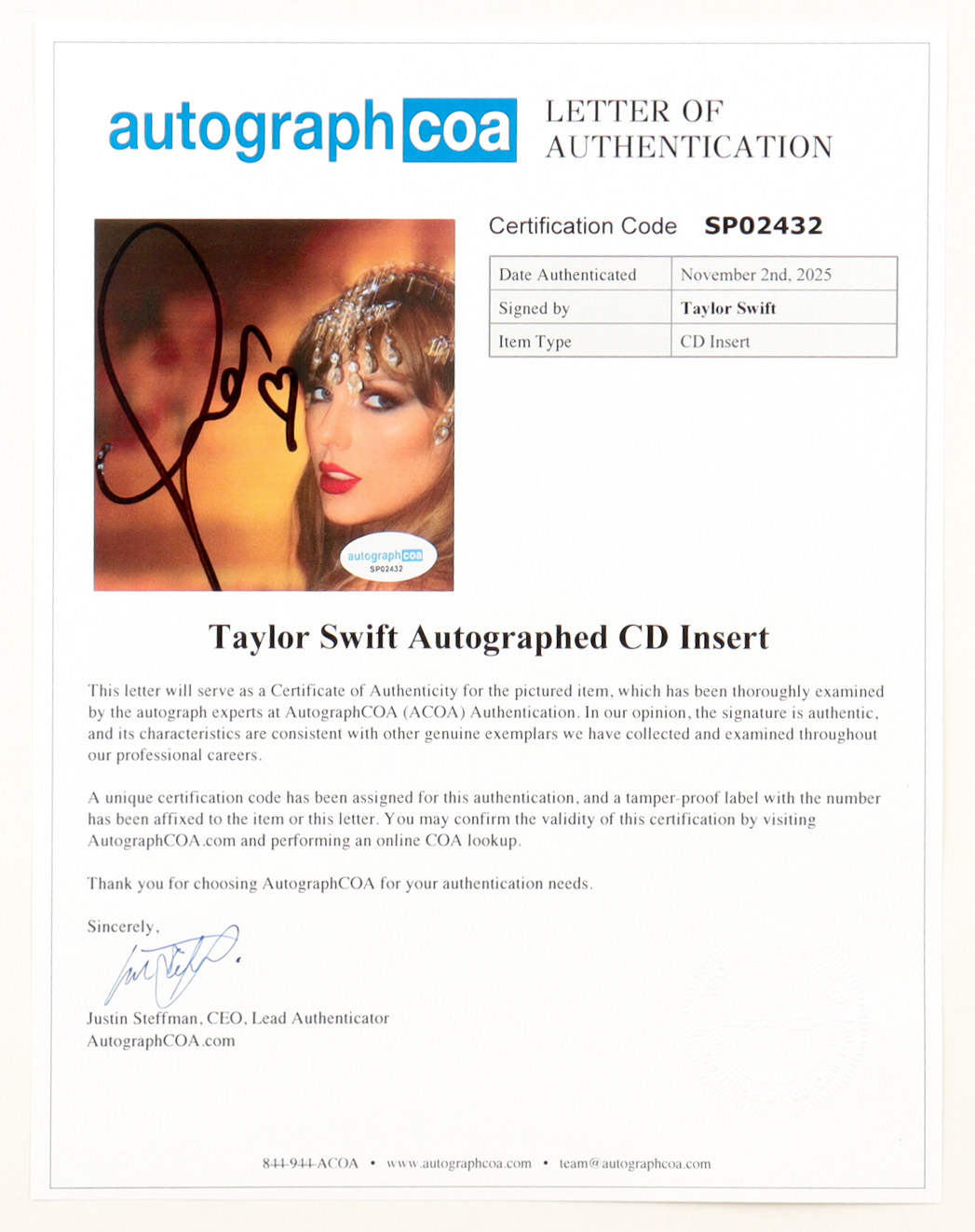 Taylor Swift Signed "The Life of a Showgirl" Custom Framed CD Insert Display (ACOA) at PristineAuction.com Taylor Swift Signed "The Life of a Showgirl" Custom Framed CD Insert Display (ACOA) at PristineAuction.com