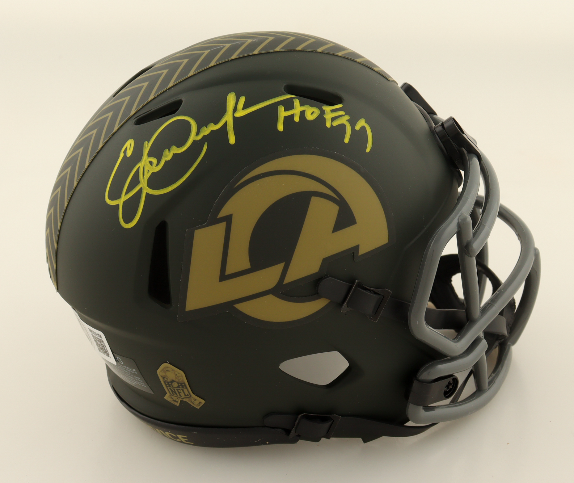 Eric Dickerson Signed Rams Salute To Service Alternate Speed Mini Helmet Inscribed "HOF 99" (Beckett) at PristineAuction.com Eric Dickerson Signed Rams Salute To Service Alternate Speed Mini Helmet Inscribed "HOF 99" (Beckett) at PristineAuction.com
