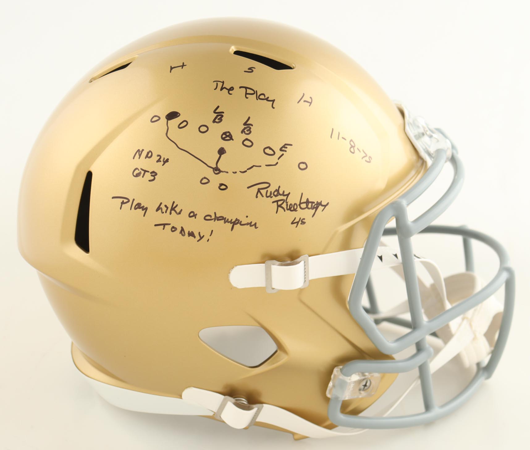 Rudy Ruettiger Signed Notre Dame Fighting Irish Full-Size Speed Helmet Inscribed "Play Like A Champion Today!" with Hand-Drawn Sketch (Beckett) at PristineAuction.com Rudy Ruettiger Signed Notre Dame Fighting Irish Full-Size Speed Helmet Inscribed "Play Like A Champion Today!" with Hand-Drawn Sketch (Beckett) at PristineAuction.com