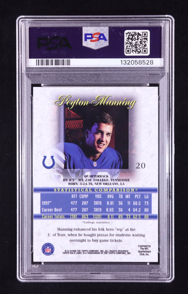 Peyton Manning Signed 1998 Topps Gold Label Class 1 #20 RC (PSA 8 | Auto 10) at PristineAuction.com Peyton Manning Signed 1998 Topps Gold Label Class 1 #20 RC (PSA 8 | Auto 10) at PristineAuction.com