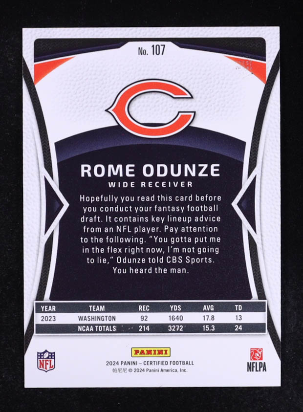 Rome Odunze 2024 Panini Certified Mirror Pink #107 RC #066/225 at PristineAuction.com Rome Odunze 2024 Panini Certified Mirror Pink #107 RC #066/225 at PristineAuction.com