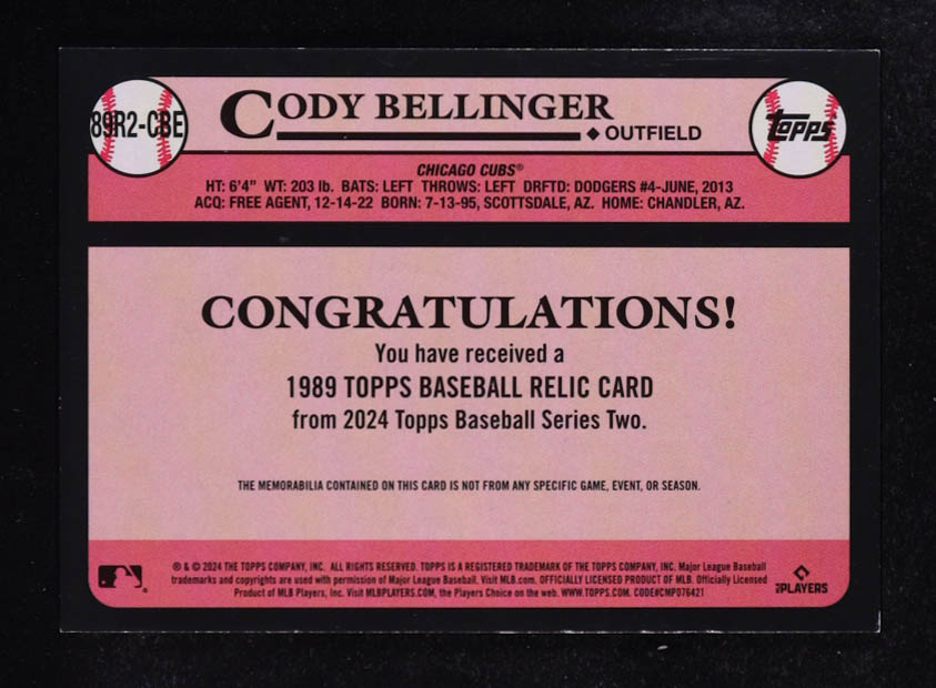 Cody Bellinger 2024 Topps 35th Anniversary 1989 Relics #89R2-CBE at PristineAuction.com Cody Bellinger 2024 Topps 35th Anniversary 1989 Relics #89R2-CBE at PristineAuction.com