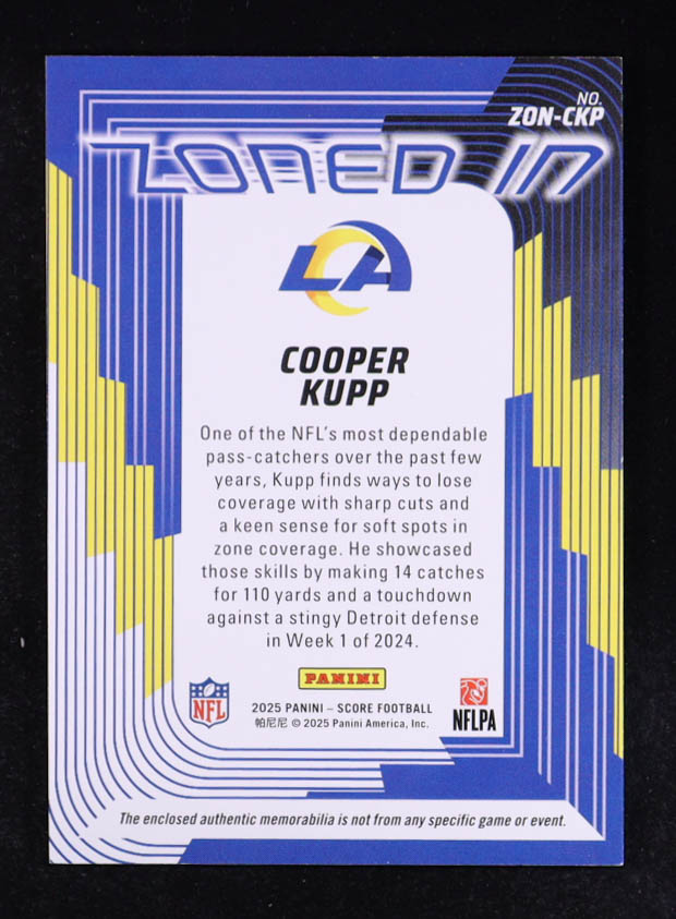Cooper Kupp 2025 Panini Score Zoned In Jerseys Memorabilia #ZON-CKP at PristineAuction.com Cooper Kupp 2025 Panini Score Zoned In Jerseys Memorabilia #ZON-CKP at PristineAuction.com