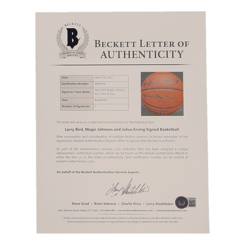 Larry Bird, Julius Erving & Magic Johnson Signed NBA Basketball (Beckett) at PristineAuction.com Larry Bird, Julius Erving & Magic Johnson Signed NBA Basketball (Beckett) at PristineAuction.com