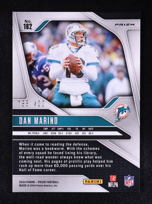 Dan Marino 2024 Panini Prizm Prizms Pandora #182 #196/400 at PristineAuction.com Dan Marino 2024 Panini Prizm Prizms Pandora #182 #196/400 at PristineAuction.com