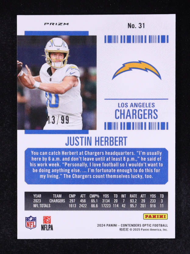 Justin Herbert 2024 Panini Contenders Optic Blue #31 #13/99 at PristineAuction.com Justin Herbert 2024 Panini Contenders Optic Blue #31 #13/99 at PristineAuction.com