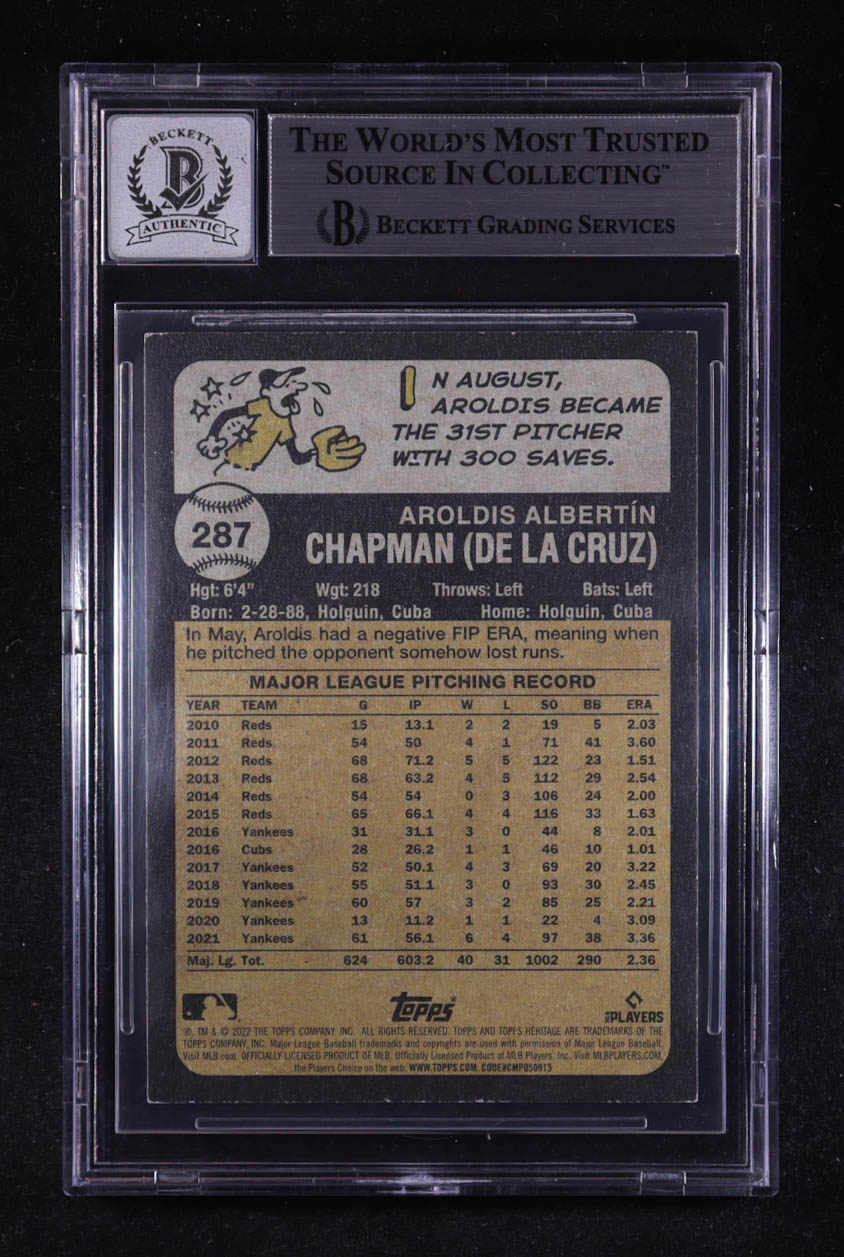 Aroldis Chapman Signed 2022 Topps Heritage #287 (BGS | Auto 10) at PristineAuction.com Aroldis Chapman Signed 2022 Topps Heritage #287 (BGS | Auto 10) at PristineAuction.com