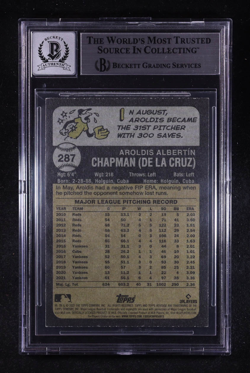 Aroldis Chapman Signed 2022 Topps Heritage #287 (BGS | Auto 10) at PristineAuction.com Aroldis Chapman Signed 2022 Topps Heritage #287 (BGS | Auto 10) at PristineAuction.com