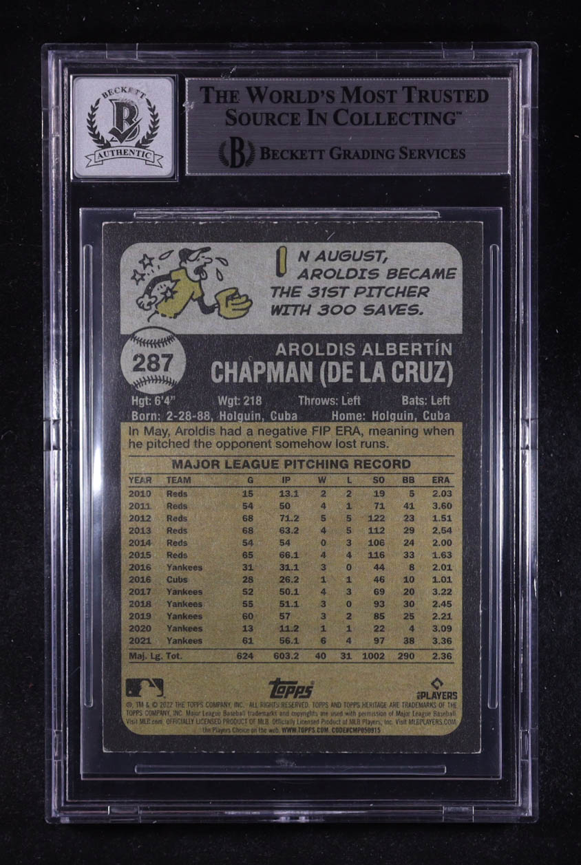 Aroldis Chapman Signed 2022 Topps Heritage #287 (BGS | Auto 10) at PristineAuction.com Aroldis Chapman Signed 2022 Topps Heritage #287 (BGS | Auto 10) at PristineAuction.com