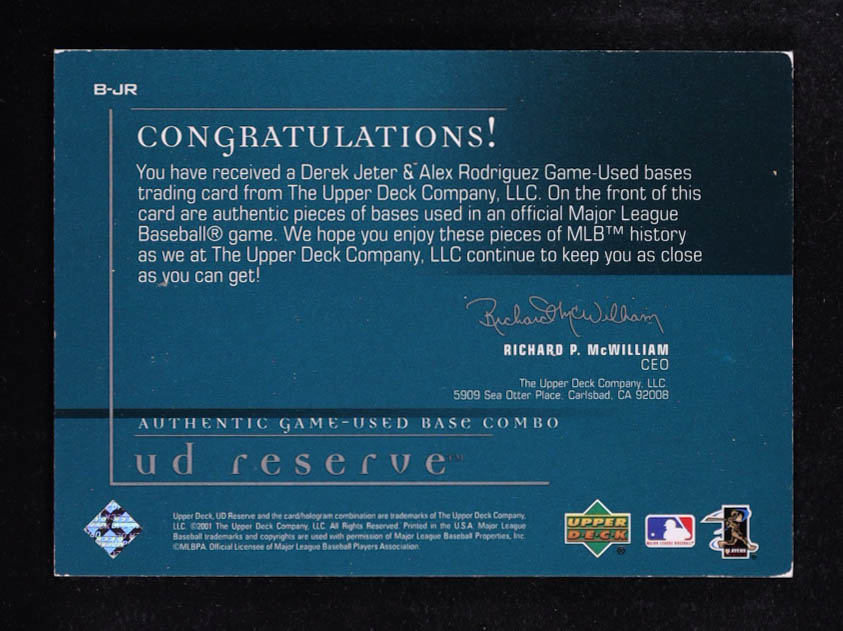 Derek Jeter / Alex Rodriguez 2001 Upper Deck Reserve Game-Used Base Combo #B-JR at PristineAuction.com Derek Jeter / Alex Rodriguez 2001 Upper Deck Reserve Game-Used Base Combo #B-JR at PristineAuction.com