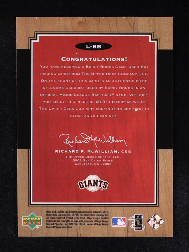 Barry Bonds 2001 Upper Deck Legends Legendary Lumber #L-BB at PristineAuction.com Barry Bonds 2001 Upper Deck Legends Legendary Lumber #L-BB at PristineAuction.com