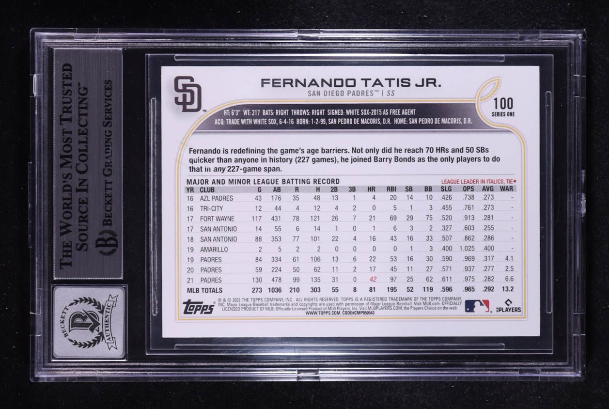 Fernando Tatis Jr. Signed 2022 Topps #100 (BGS | Auto 10) at PristineAuction.com Fernando Tatis Jr. Signed 2022 Topps #100 (BGS | Auto 10) at PristineAuction.com