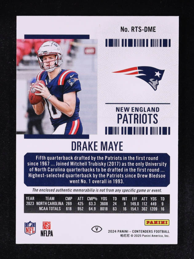 Drake Maye 2024 Panini Contenders Rookie Ticket Swatch #RTS-DME RC at PristineAuction.com Drake Maye 2024 Panini Contenders Rookie Ticket Swatch #RTS-DME RC at PristineAuction.com