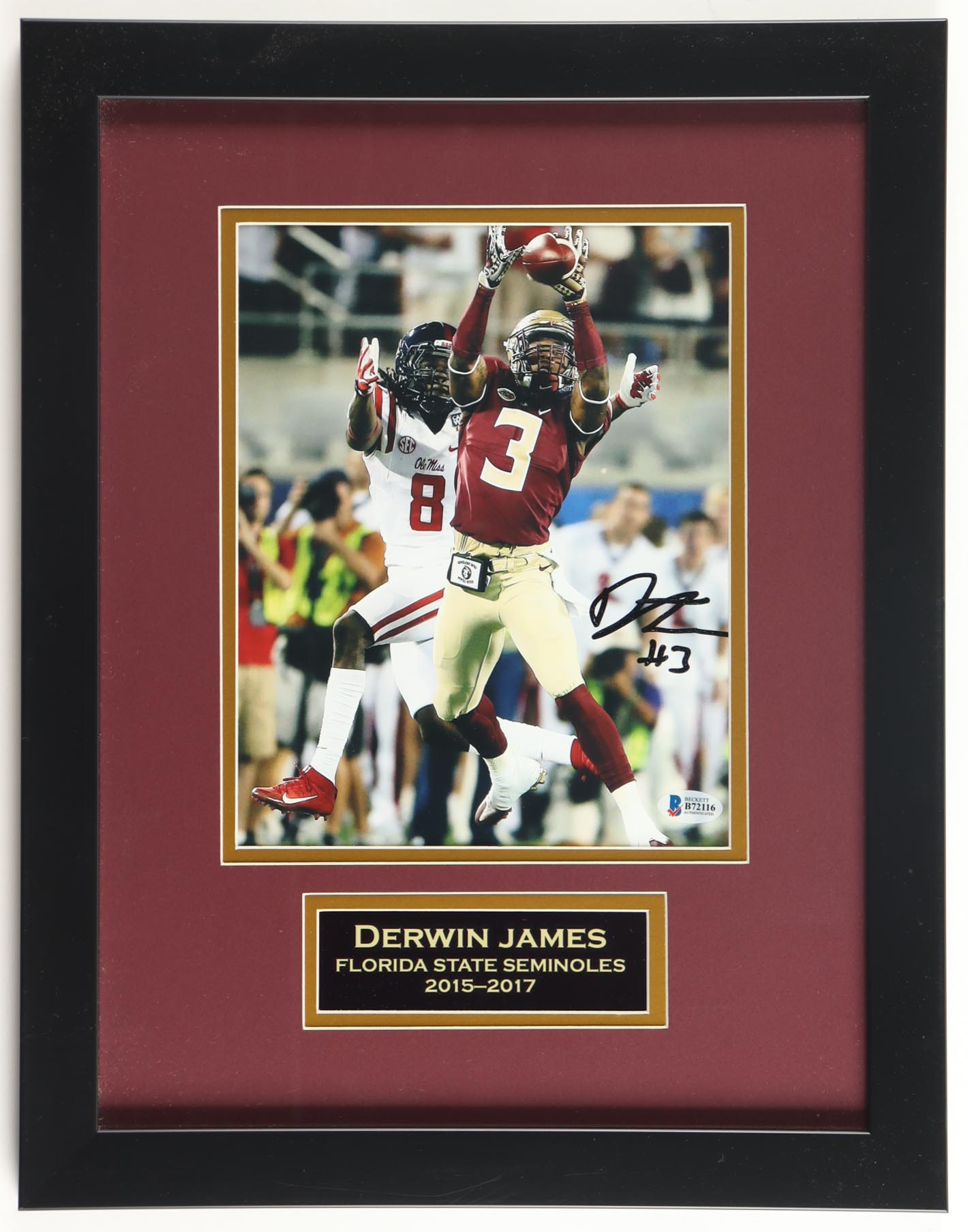 Derwin James Signed Florida State Seminoles Custom Framed Photo Display (Beckett) at PristineAuction.com Derwin James Signed Florida State Seminoles Custom Framed Photo Display (Beckett) at PristineAuction.com