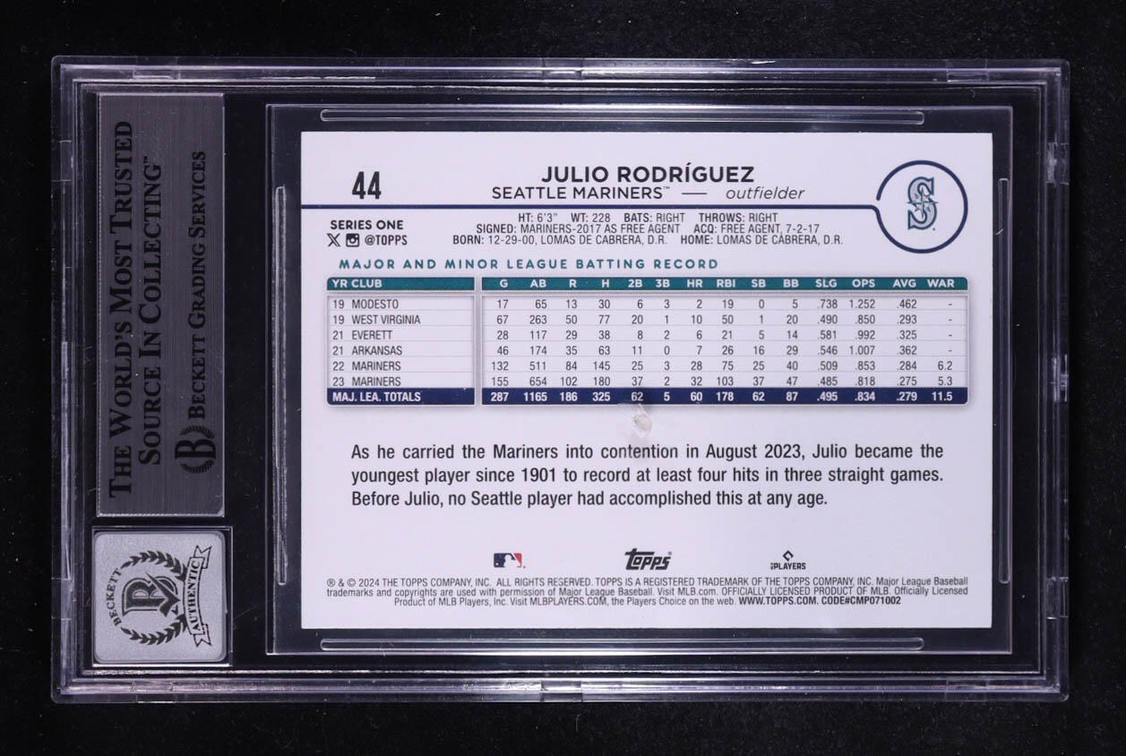 Julio Rodriguez Signed 2024 Topps #44 (BGS | Auto 10) at PristineAuction.com Julio Rodriguez Signed 2024 Topps #44 (BGS | Auto 10) at PristineAuction.com