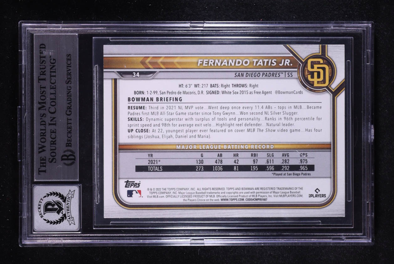 Fernando Tatis Jr. Signed 2022 Bowman #34 (BGS | Auto 10) at PristineAuction.com Fernando Tatis Jr. Signed 2022 Bowman #34 (BGS | Auto 10) at PristineAuction.com
