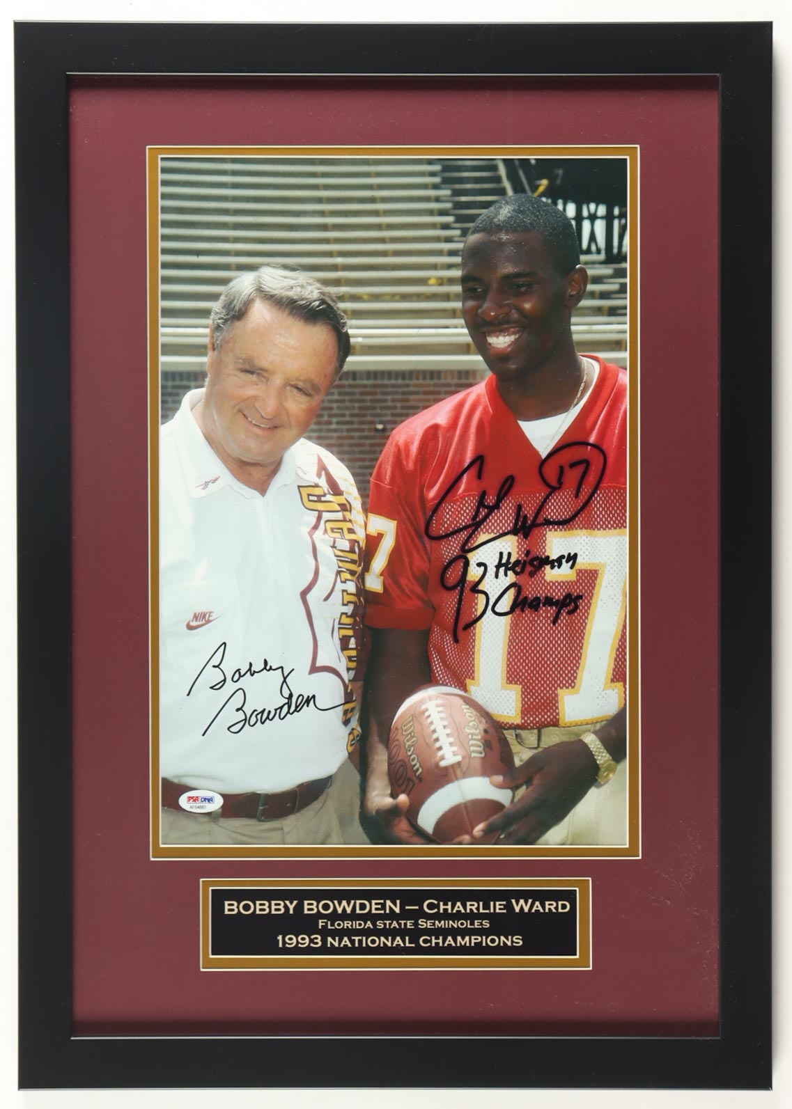 Charlie Ward & Bobby Bowden Signed Florida State Seminoles Custom Framed Photo Inscribed "93 Heisman 93 Champs" (PSA) at PristineAuction.com Charlie Ward & Bobby Bowden Signed Florida State Seminoles Custom Framed Photo Inscribed "93 Heisman 93 Champs" (PSA) at PristineAuction.com