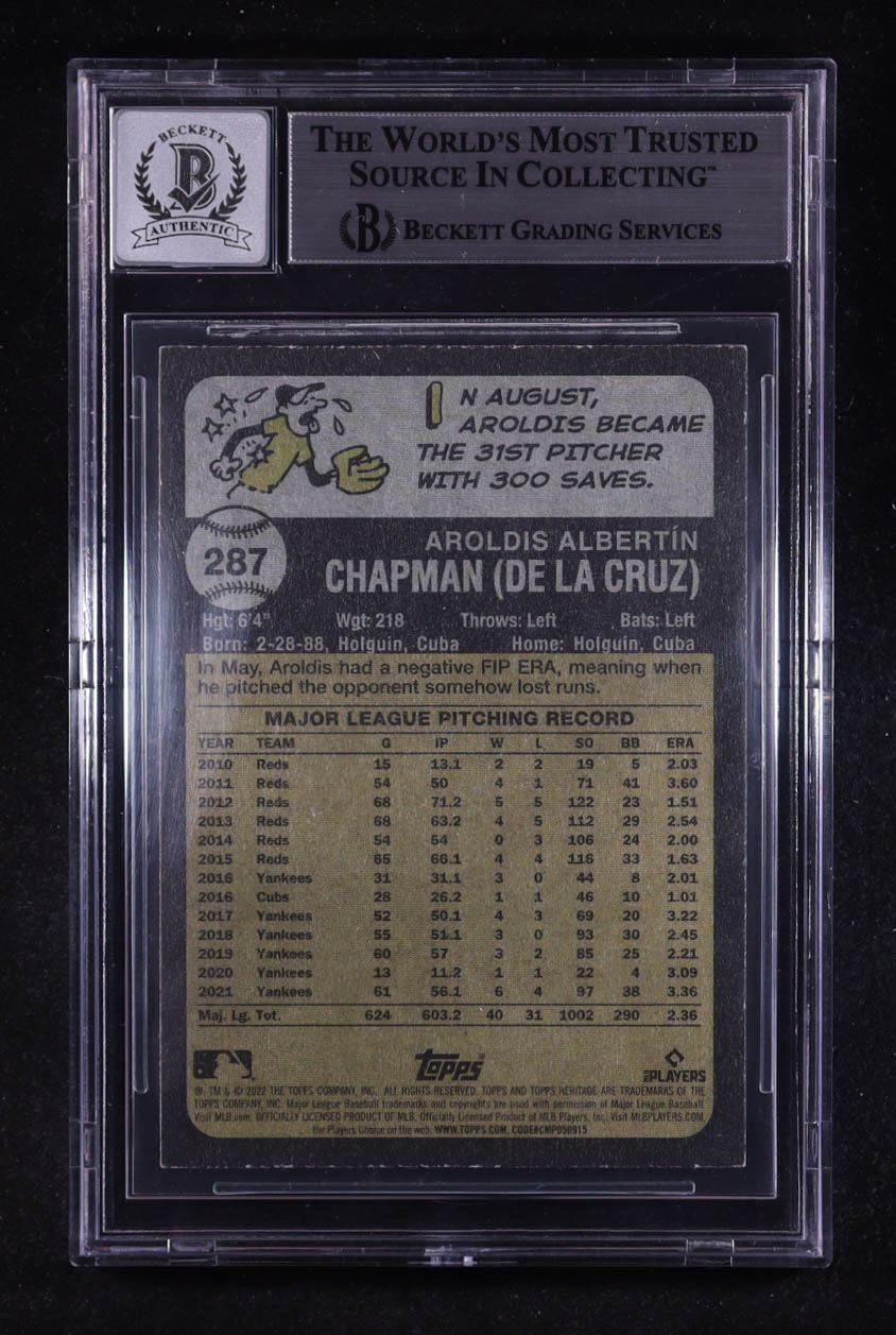 Aroldis Chapman Signed 2022 Topps Heritage #287 (BGS | Auto 10) at PristineAuction.com Aroldis Chapman Signed 2022 Topps Heritage #287 (BGS | Auto 10) at PristineAuction.com