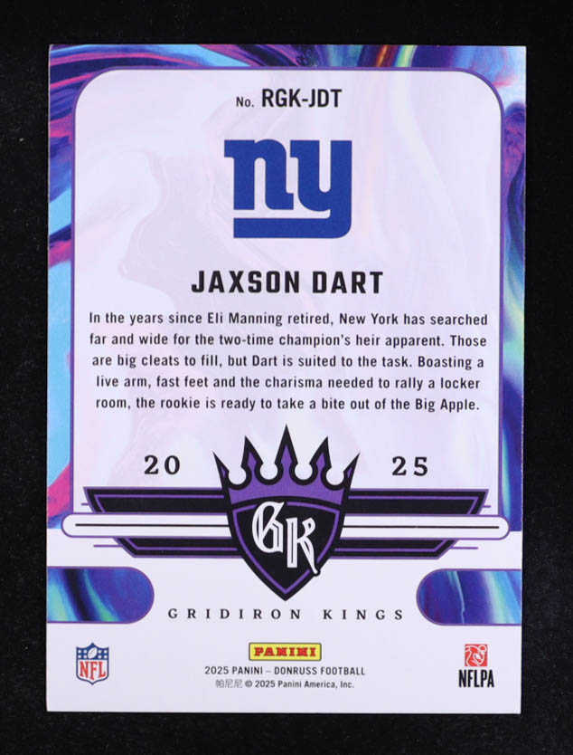 Jaxson Dart 2025 Panini Donruss Gridiron Kings #RGK-JDT RC at PristineAuction.com Jaxson Dart 2025 Panini Donruss Gridiron Kings #RGK-JDT RC at PristineAuction.com