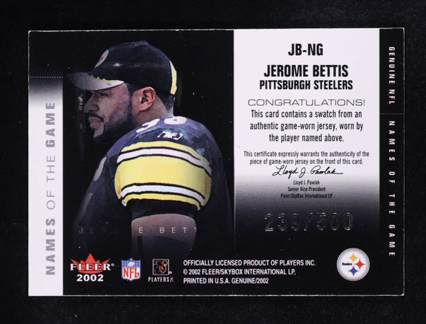 Jerome Bettis 2002 Fleer Names Of The Game Swatch MEM #JB-NG #239/500 at PristineAuction.com Jerome Bettis 2002 Fleer Names Of The Game Swatch MEM #JB-NG #239/500 at PristineAuction.com