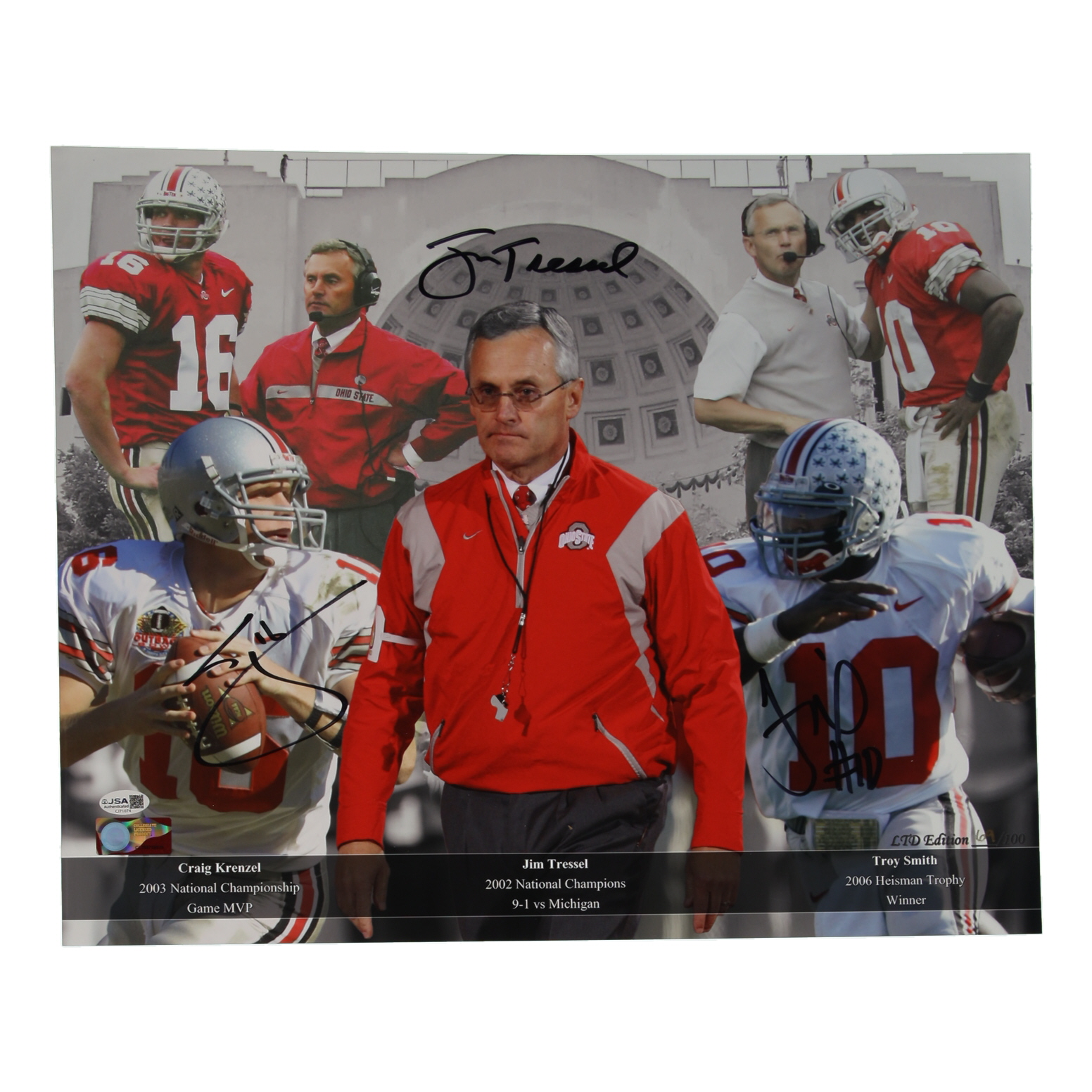 Jim Tressel, Troy Smith & Craig Krenzel Signed LE Ohio State Buckeyes 16x20 Photo (JSA) at PristineAuction.com Jim Tressel, Troy Smith & Craig Krenzel Signed LE Ohio State Buckeyes 16x20 Photo (JSA) at PristineAuction.com