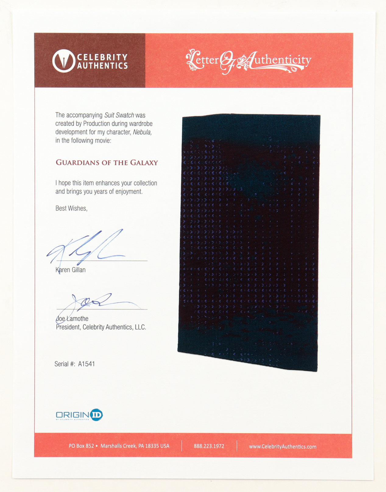 "Guardians of the Galaxy" Nebula Costume Suit Swatch Display (Celebrity Authentics) at PristineAuction.com "Guardians of the Galaxy" Nebula Costume Suit Swatch Display (Celebrity Authentics) at PristineAuction.com