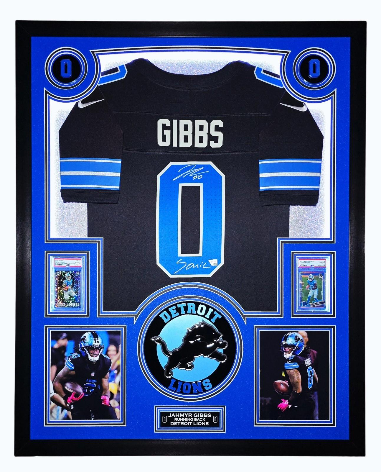 Jahmyr Gibbs Signed Lions Custom Framed Nike Jersey Inscribed "Sonic" with LED Display & (2) PSA 10 Graded Rookie Cards (Fanatics) at PristineAuction.com Jahmyr Gibbs Signed Lions Custom Framed Nike Jersey Inscribed "Sonic" with LED Display & (2) PSA 10 Graded Rookie Cards (Fanatics) at PristineAuction.com