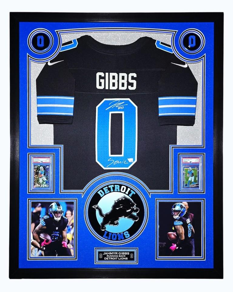 Jahmyr Gibbs Signed Lions Custom Framed Nike Jersey Inscribed "Sonic" with LED Display & (2) PSA 10 Graded Rookie Cards (Fanatics) at PristineAuction.com Jahmyr Gibbs Signed Lions Custom Framed Nike Jersey Inscribed "Sonic" with LED Display & (2) PSA 10 Graded Rookie Cards (Fanatics) at PristineAuction.com