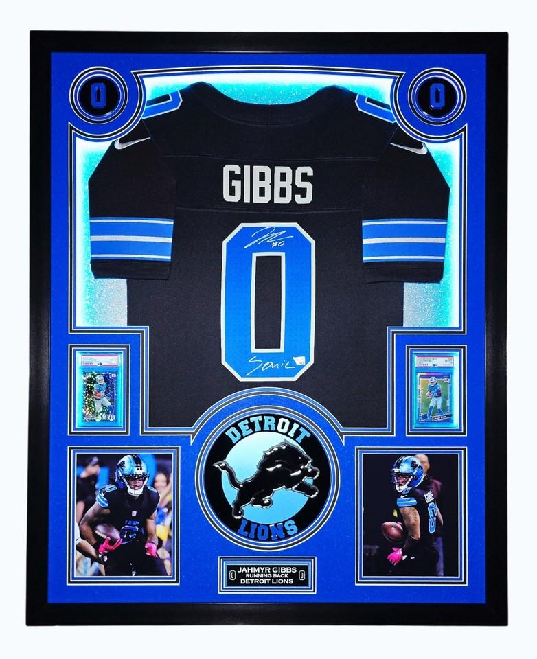 Jahmyr Gibbs Signed Lions Custom Framed Nike Jersey Inscribed "Sonic" with LED Display & (2) PSA 10 Graded Rookie Cards (Fanatics) at PristineAuction.com Jahmyr Gibbs Signed Lions Custom Framed Nike Jersey Inscribed "Sonic" with LED Display & (2) PSA 10 Graded Rookie Cards (Fanatics) at PristineAuction.com