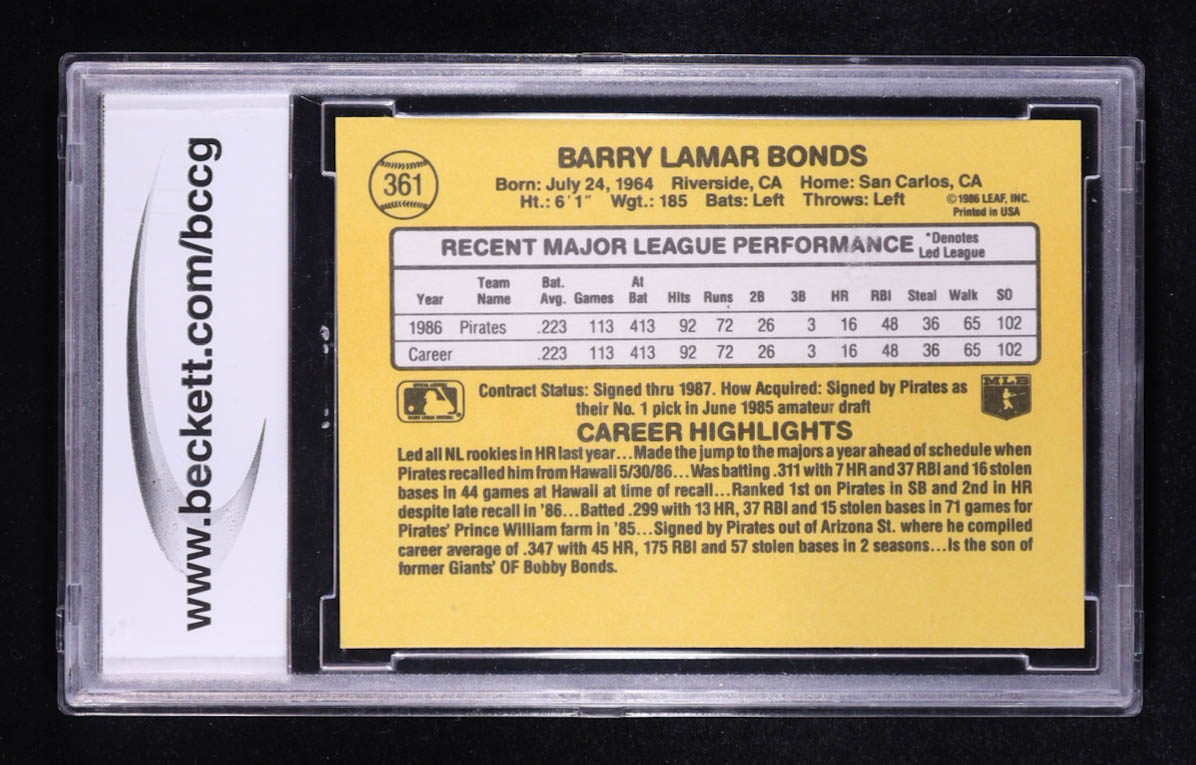 Barry Bonds 1987 Donruss #361 RC (BCCG 10) at PristineAuction.com Barry Bonds 1987 Donruss #361 RC (BCCG 10) at PristineAuction.com
