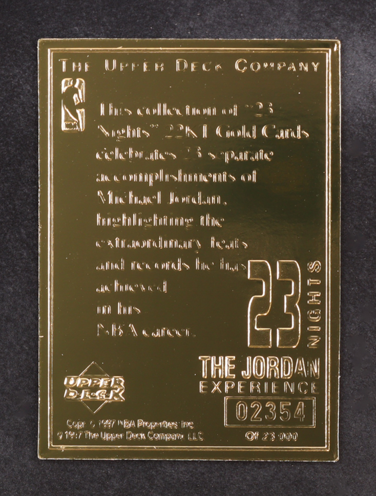 Michael Jordan 1997 Upper Deck Experience 23 Nights 22KT Gold 12 Card Set 1996 NBA Champions #02354/23000 at PristineAuction.com Michael Jordan 1997 Upper Deck Experience 23 Nights 22KT Gold 12 Card Set 1996 NBA Champions #02354/23000 at PristineAuction.com