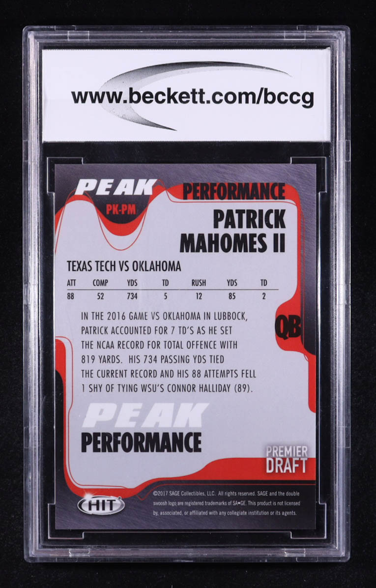 Patrick Mahomes II 2017 SAGE HIT Premier Draft Peak Performance #PKPM RC (BCCG 10) at PristineAuction.com Patrick Mahomes II 2017 SAGE HIT Premier Draft Peak Performance #PKPM RC (BCCG 10) at PristineAuction.com