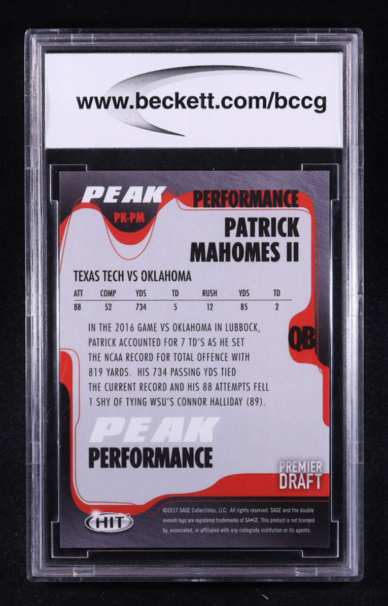 Patrick Mahomes II 2017 SAGE HIT Premier Draft Peak Performance #PKPM RC (BCCG 10) at PristineAuction.com Patrick Mahomes II 2017 SAGE HIT Premier Draft Peak Performance #PKPM RC (BCCG 10) at PristineAuction.com