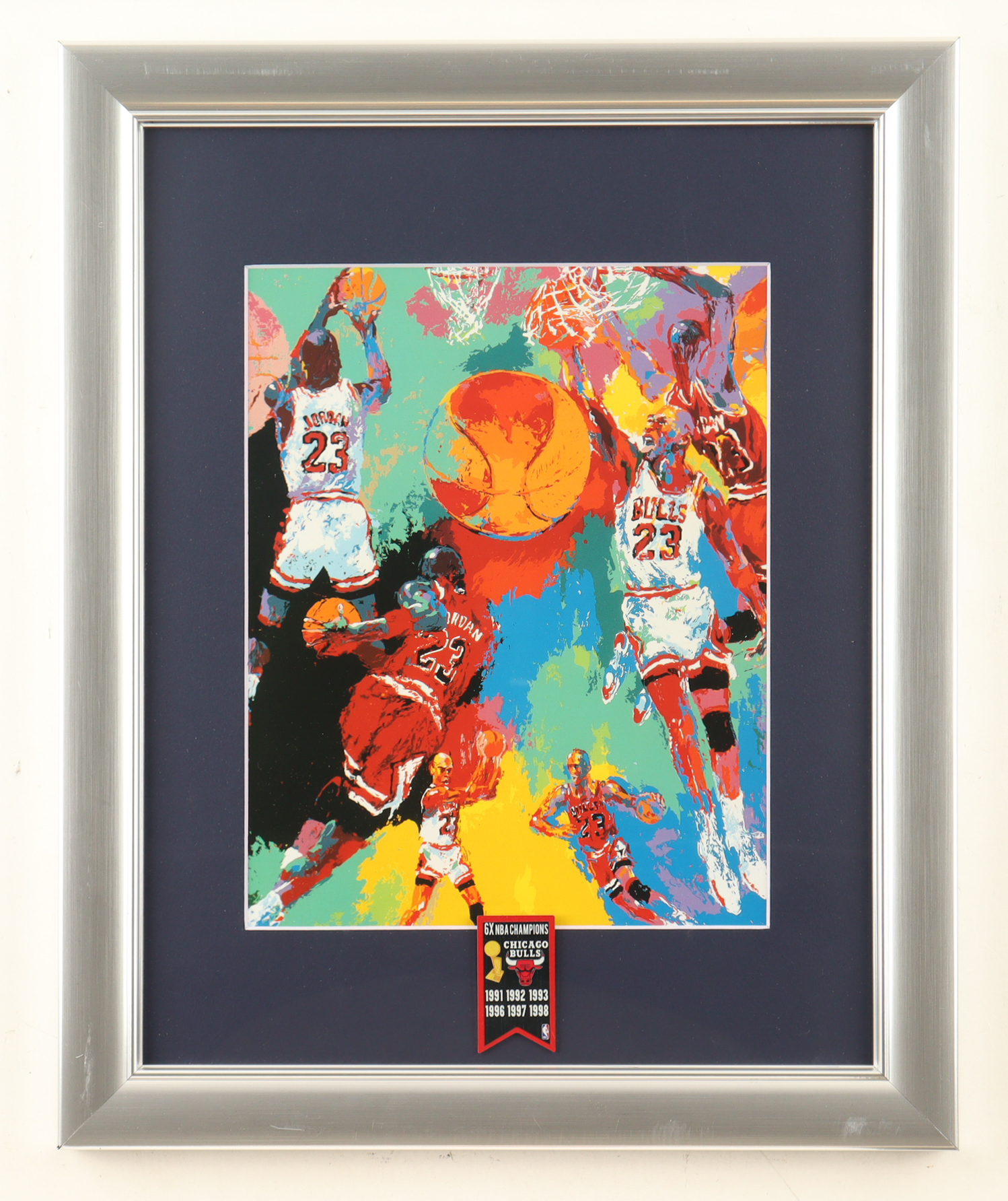 "Michael Air Jordan" Custom Framed Neiman Art Print Display with Bulls Championship Pin at PristineAuction.com "Michael Air Jordan" Custom Framed Neiman Art Print Display with Bulls Championship Pin at PristineAuction.com