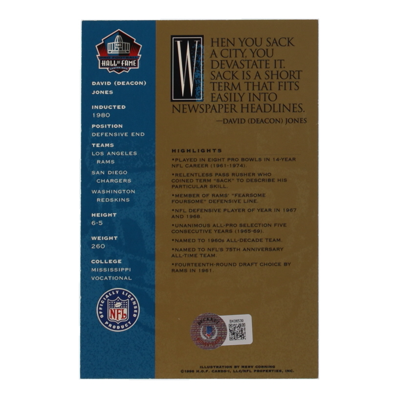 Deacon Jones Signed Hall of Fame Signature Series Card Inscribed "HOF 80" (Beckett) at PristineAuction.com Deacon Jones Signed Hall of Fame Signature Series Card Inscribed "HOF 80" (Beckett) at PristineAuction.com