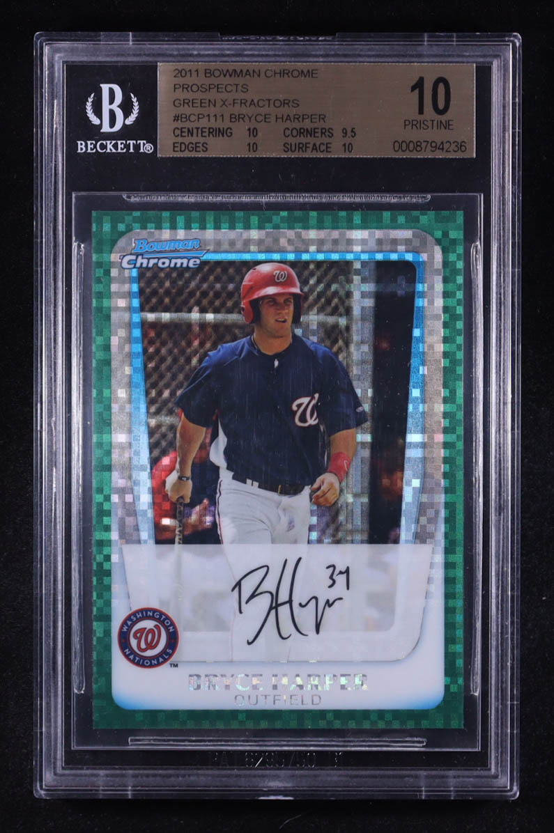 Bryce Harper Signed 2011 Bowman Chrome Prospects Green X-Fractors #BCP111 RC (BGS 10) at PristineAuction.com Bryce Harper Signed 2011 Bowman Chrome Prospects Green X-Fractors #BCP111 RC (BGS 10) at PristineAuction.com