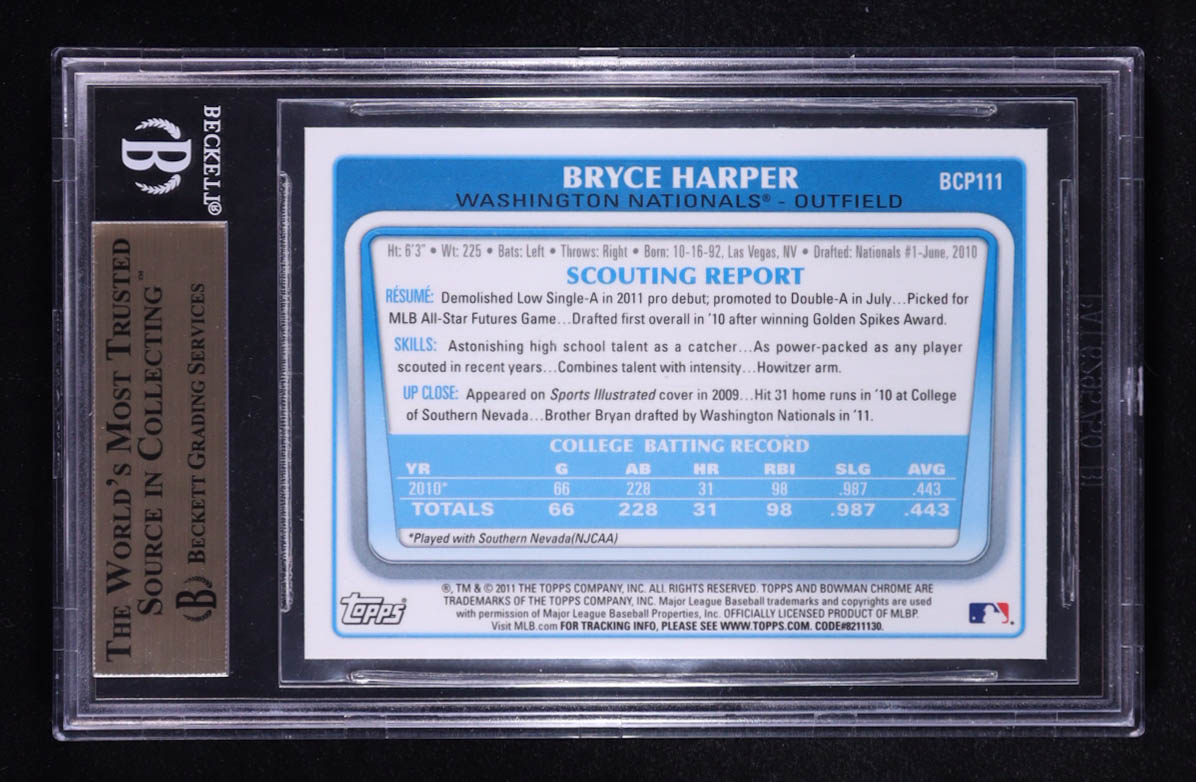 Bryce Harper Signed 2011 Bowman Chrome Prospects Green X-Fractors #BCP111 RC (BGS 10) at PristineAuction.com Bryce Harper Signed 2011 Bowman Chrome Prospects Green X-Fractors #BCP111 RC (BGS 10) at PristineAuction.com