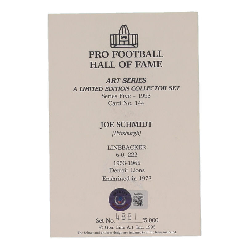 Joe Schmidt Signed 1993 LE Lions Pro Football Hall of Fame Art Series Football Card #144 (Beckett) at PristineAuction.com Joe Schmidt Signed 1993 LE Lions Pro Football Hall of Fame Art Series Football Card #144 (Beckett) at PristineAuction.com