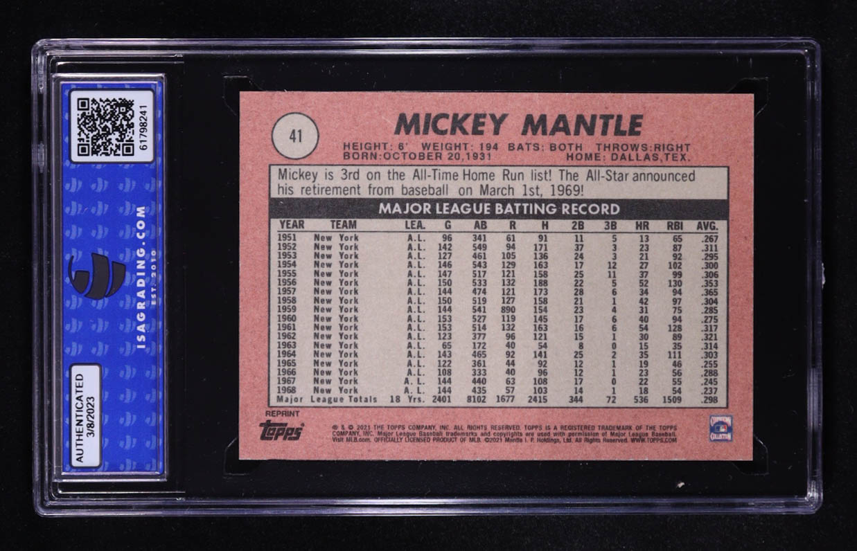 Mickey Mantle 2021 Topps X Mickey Mantle 1969 Topps #41 (ISA 10) at PristineAuction.com Mickey Mantle 2021 Topps X Mickey Mantle 1969 Topps #41 (ISA 10) at PristineAuction.com