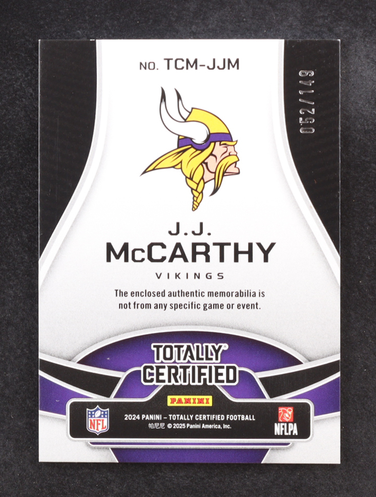 JJ McCarthy 2024 Panini Totally Certified Materials MEM #TCM-JJM RC #052/149 at PristineAuction.com JJ McCarthy 2024 Panini Totally Certified Materials MEM #TCM-JJM RC #052/149 at PristineAuction.com