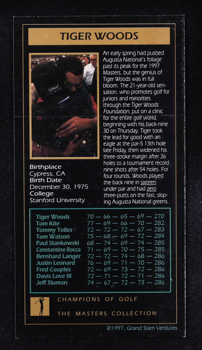 Tiger Woods 1997-98 Grand Slam Ventures Masters Collection #1997 XRC at PristineAuction.com Tiger Woods 1997-98 Grand Slam Ventures Masters Collection #1997 XRC at PristineAuction.com