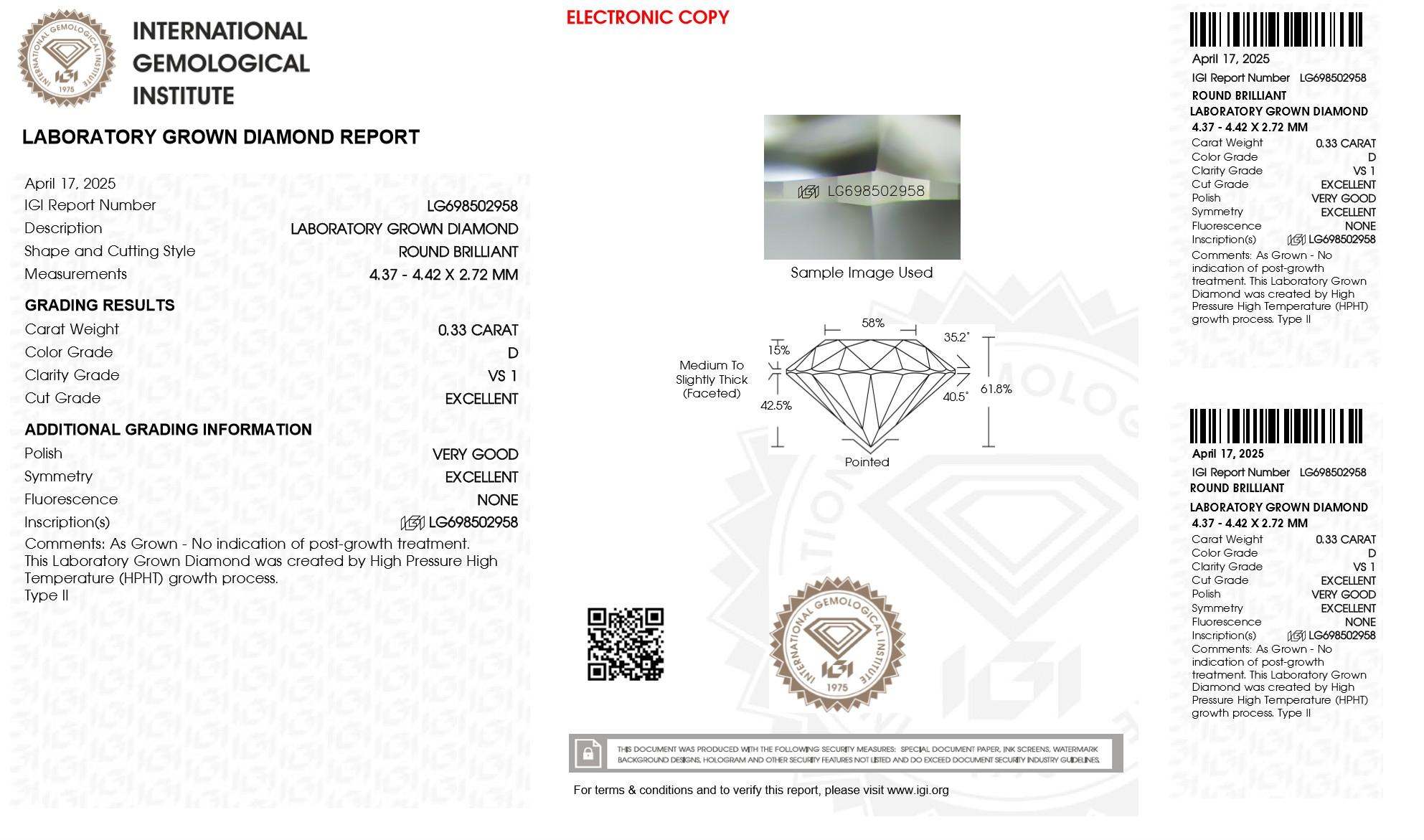 .33 Carats Lab Grown Diamond Loose D, VS1 (IGI Cert) at PristineAuction.com .33 Carats Lab Grown Diamond Loose D, VS1 (IGI Cert) at PristineAuction.com