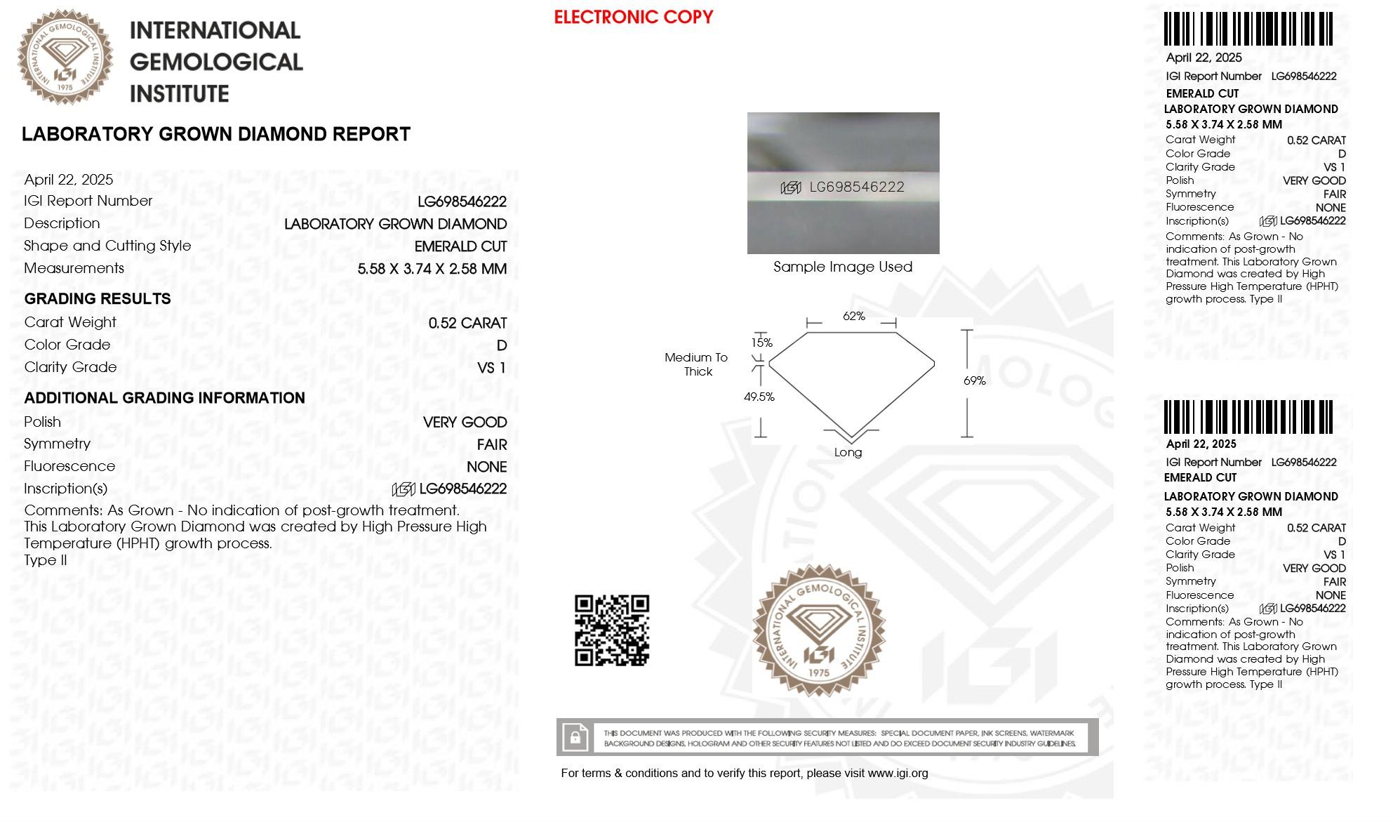 .52 Carats Lab Grown Diamond Loose D, VS1 (IGI Cert) at PristineAuction.com .52 Carats Lab Grown Diamond Loose D, VS1 (IGI Cert) at PristineAuction.com