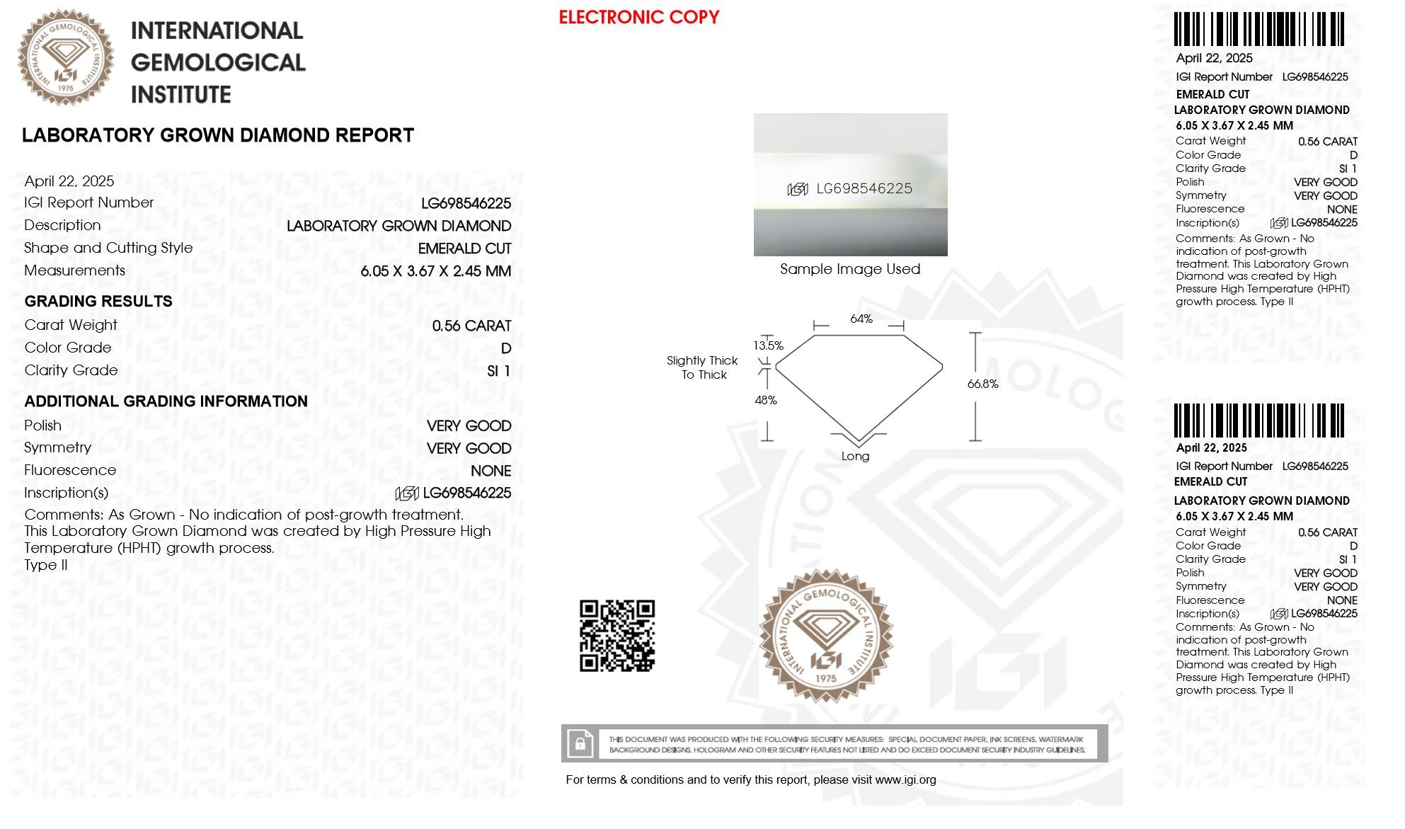 .56 Carats Lab Grown Diamond Loose D, SI1 (IGI Cert) at PristineAuction.com .56 Carats Lab Grown Diamond Loose D, SI1 (IGI Cert) at PristineAuction.com