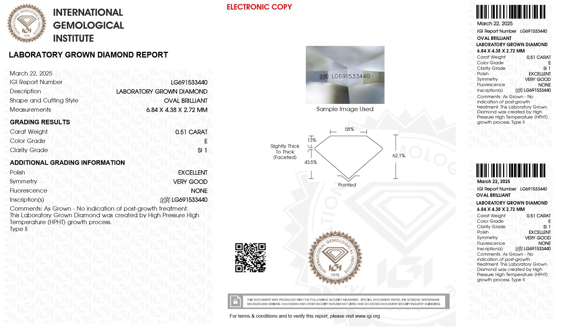 .51 Carats Lab Grown Diamond Loose E, SI1 (IGI Cert) at PristineAuction.com .51 Carats Lab Grown Diamond Loose E, SI1 (IGI Cert) at PristineAuction.com